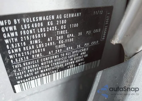 2013 Volkswagen Tiguan S from USA, damaged, VIN WVGAV3AX5DW561991